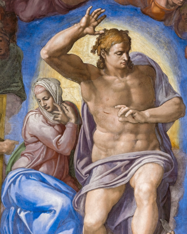 Last Judgement Extreme Closeup of Jesus and Mary by artist Michelangelo Buonarotti